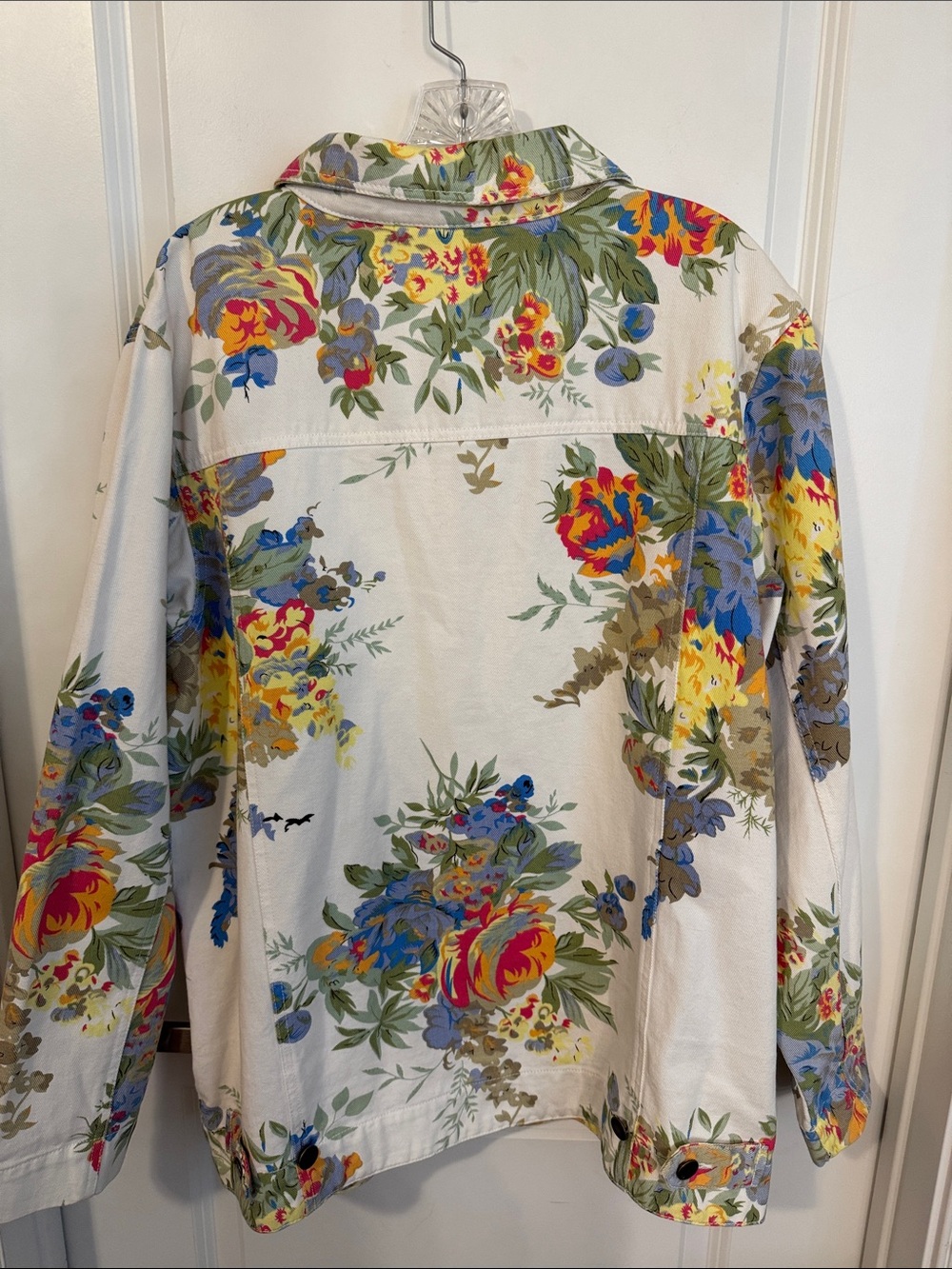 Susan Graver Floral Print Jean Jacket in Cream, Blue, Yellow, Red, Green - Picture 8 of 9